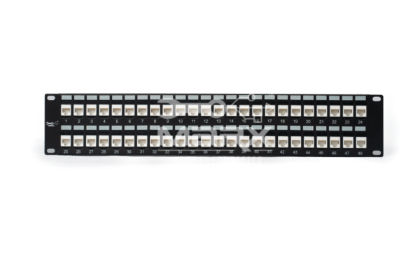 ME-C6ALU-48P-2U-2.png 2U - 48Port Cat - 6a - UTP loaded Patch Panel - 180°