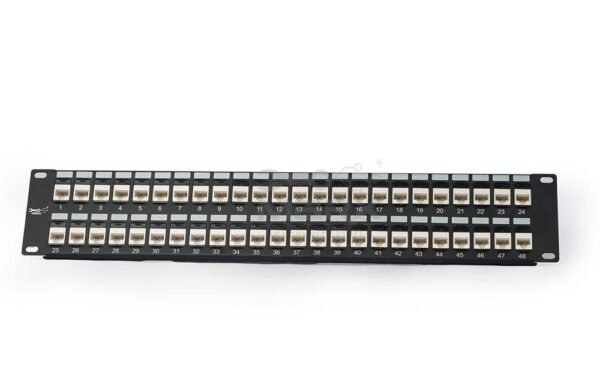 ME-C6L-48P-2U-2-1-1.jpg 2U - 48Port Cat - 6 loaded Patch Panel - 180°