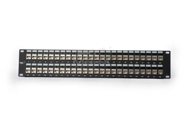 ME-C7LF-48P-2U-2-1-1.jpg 2U - 48Port Cat - 7 - STP loaded Patch Panel - 180°